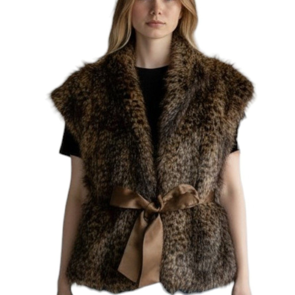 Calvin Klein Faux Fur‎ Vest Brown Animal Print Ribbon Tie Women Medium